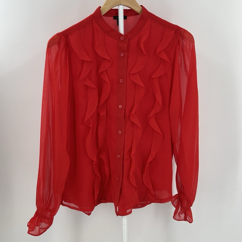 Ann Taylor‎ Red Sheer Ruffle Blouse Small Romantic Chiffon Button Front Top